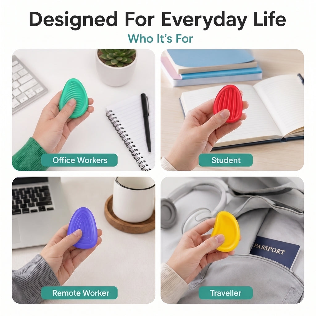 Kalmzo sensory fidget stones used by office workers, students, remote workers, and travelers throughout the day.