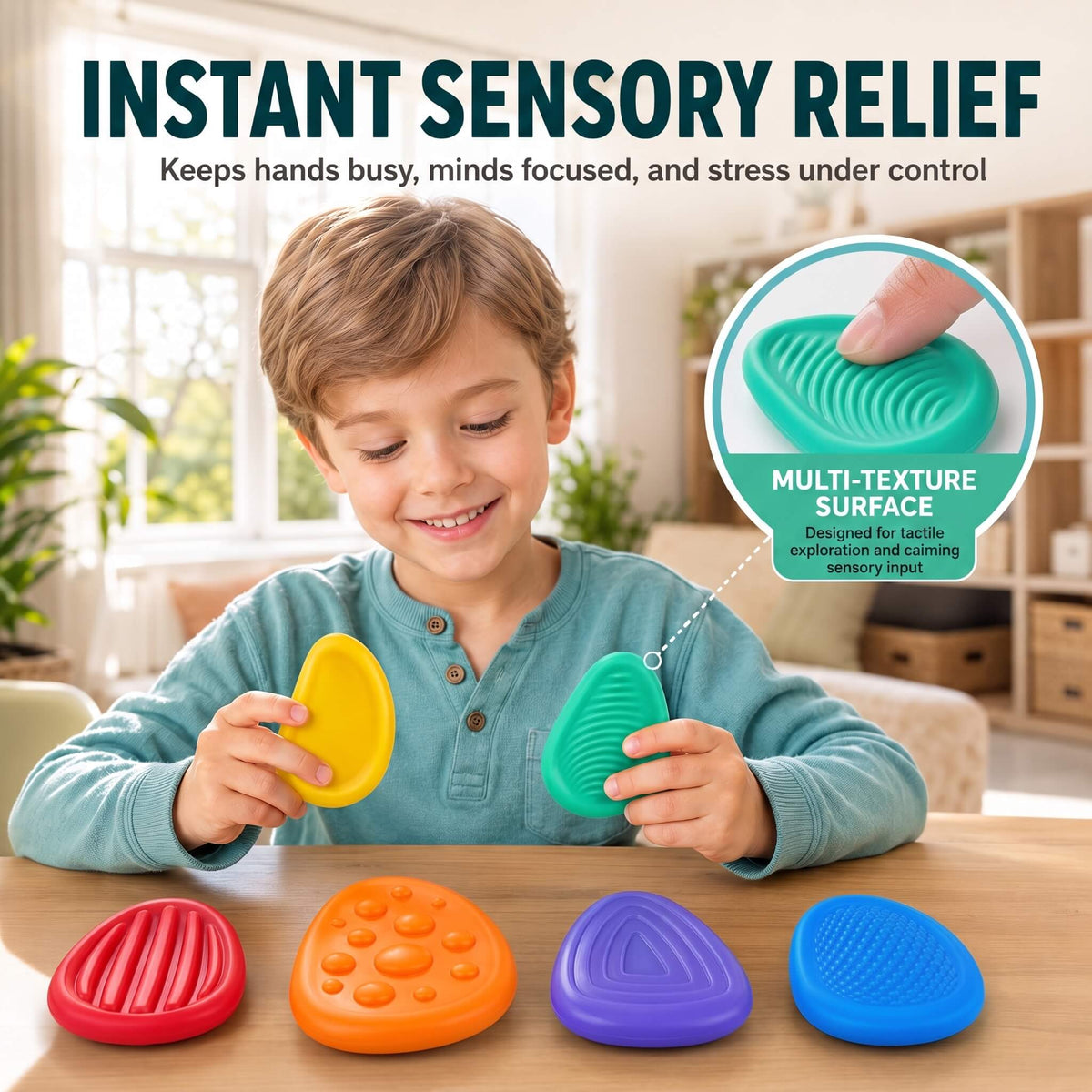 Child using Kalmzo sensory fidget stones for tactile sensory input and calming during everyday activities.