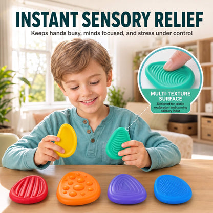 Child using Kalmzo sensory fidget stones for tactile sensory input and calming during everyday activities.