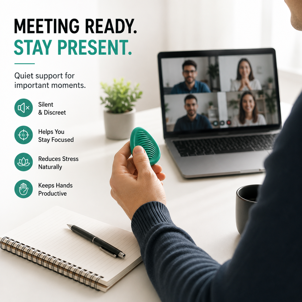 Person using Kalmzo sensory fidget stones during a virtual meeting for discreet calming sensory support.