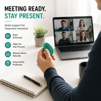 Person using Kalmzo sensory fidget stones during a virtual meeting for discreet calming sensory support.