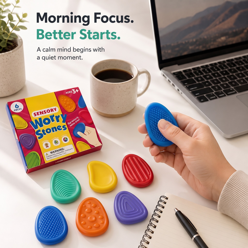Person using Kalmzo sensory fidget stones during a morning work session to improve focus and relaxation.