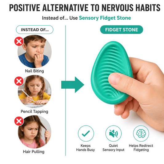 Person using a Kalmzo sensory fidget stone as an alternative to finger picking, nail biting, hair pulling, and other nervous habits.