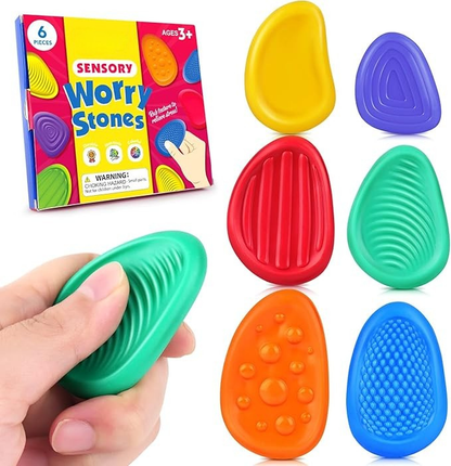 Kalmzo sensory fidget stones set with six colorful textured stones and storage box.