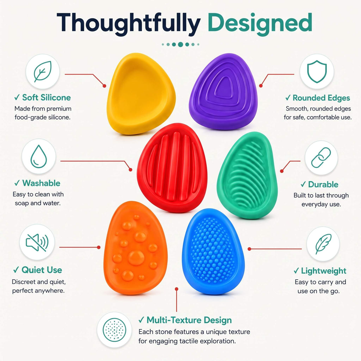 Kalmzo sensory fidget stones highlighting their soft silicone, rounded edges, lightweight design, washable construction, and varied textures.