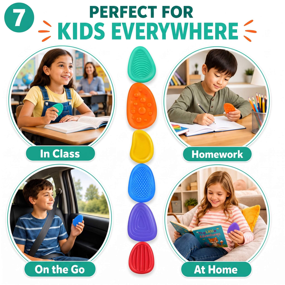 Children using Kalmzo sensory fidget stones in different everyday settings including school, home, and outdoors.