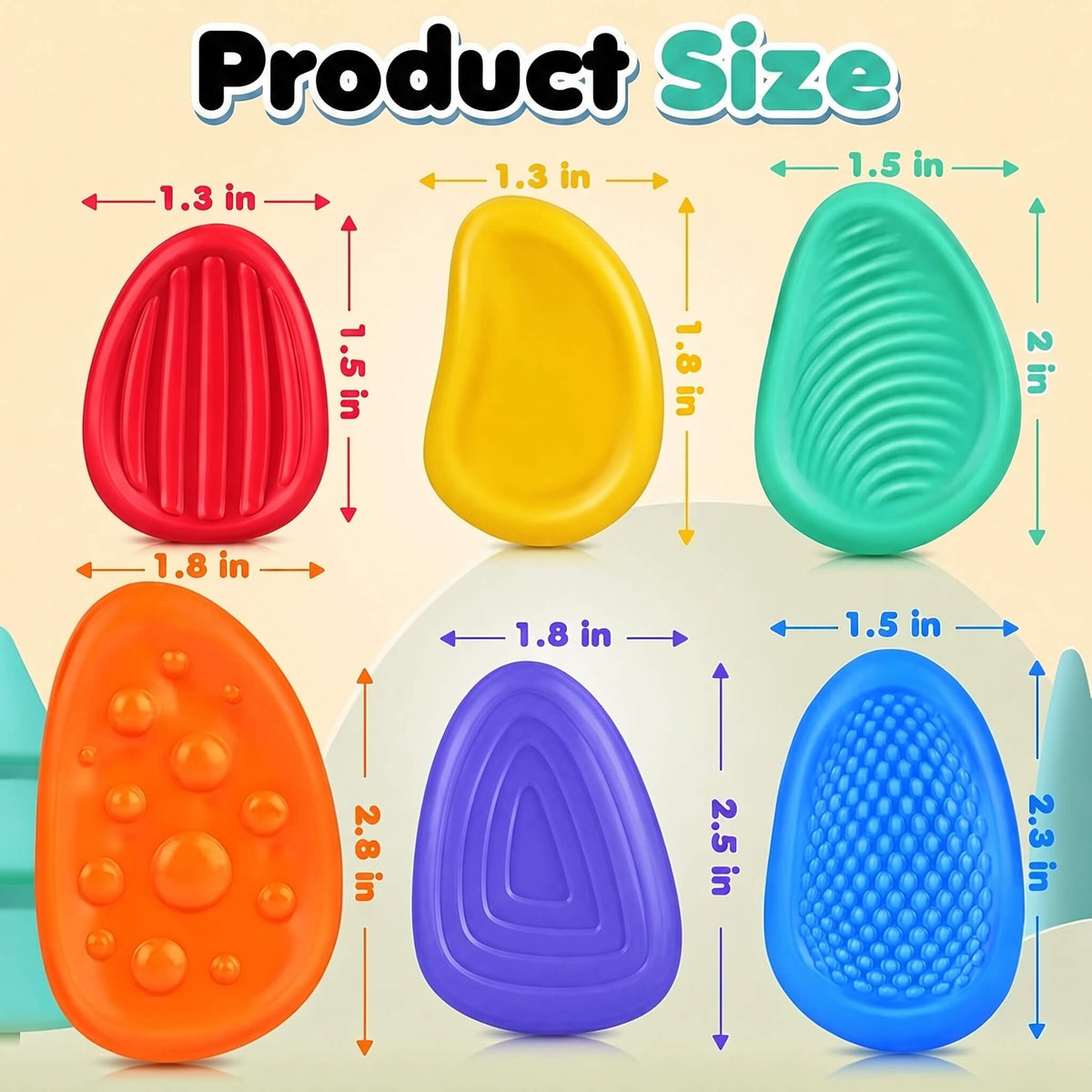 Kalmzo sensory fidget stones size guide showing the dimensions of each textured stone.