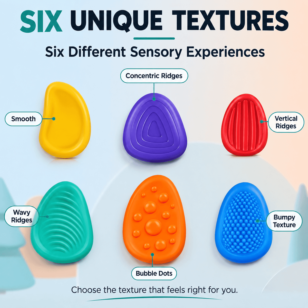 Six Kalmzo sensory fidget stones with different textures for varied tactile sensory experiences.