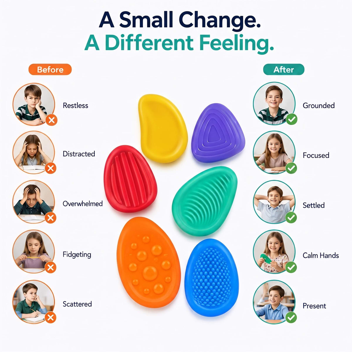 Kalmzo sensory fidget stones shown as a small tactile change that can provide a different sensory experience in everyday life.