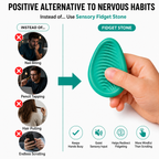 Person holding a Kalmzo sensory fidget stone as a calming alternative to finger picking, nail biting, pencil tapping, hair pulling, and endless scrolling.