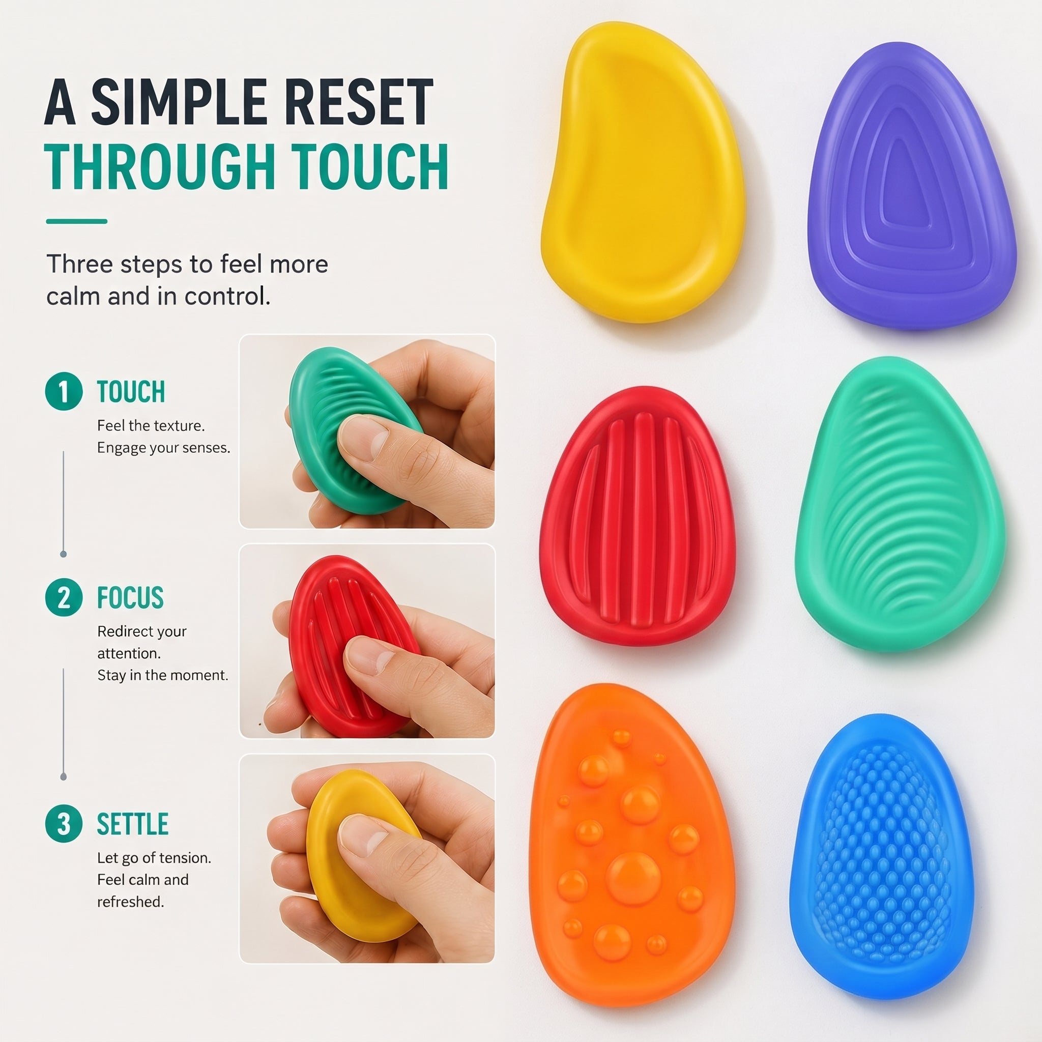 Six textured Kalmzo sensory fidget stones designed to encourage touch, focus, and calm through tactile sensory stimulation.