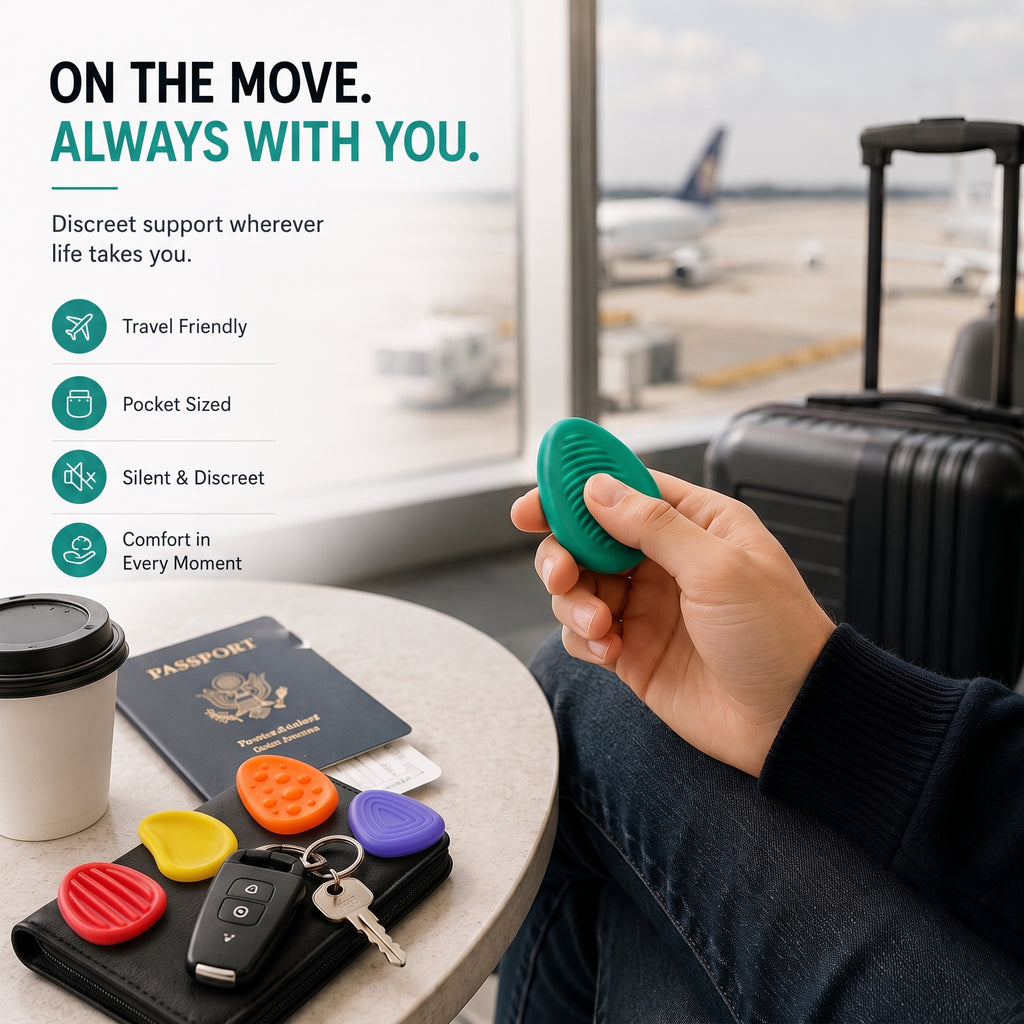 Kalmzo sensory fidget stones carried while traveling for portable sensory support and stress relief.